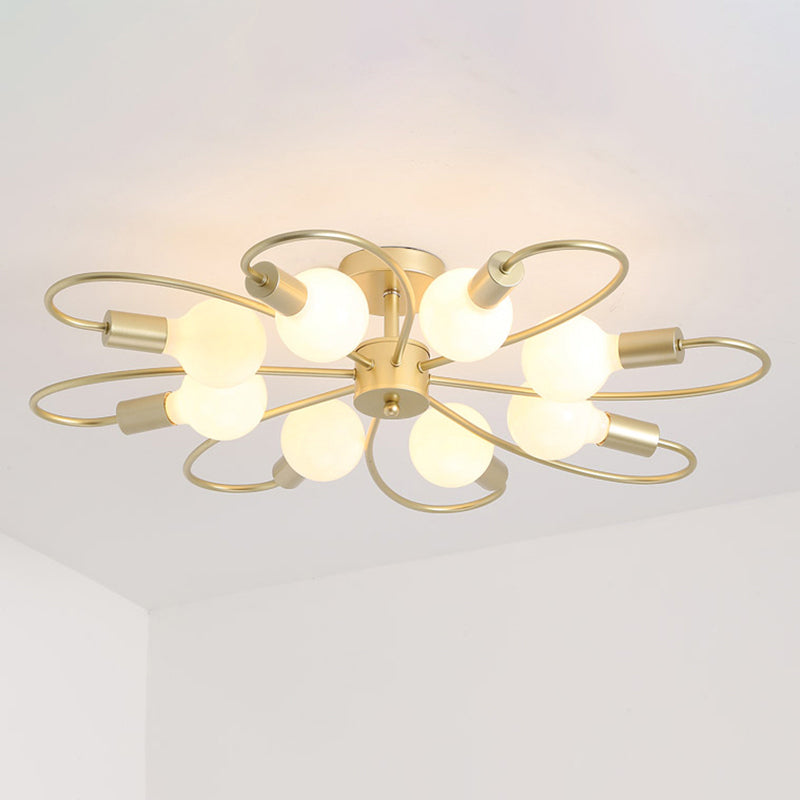 Modern Metal Brass Semi Flush Mount Light for Living Room - Open Bulb Design Ceiling Fixture