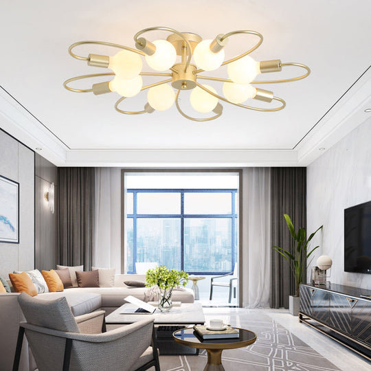 Modern Metal Brass Semi Flush Mount Light for Living Room - Open Bulb Design Ceiling Fixture