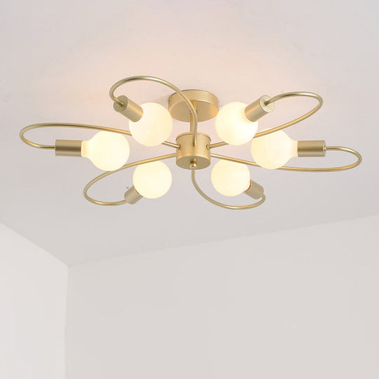 Modern Metal Brass Semi Flush Mount Light for Living Room - Open Bulb Design Ceiling Fixture