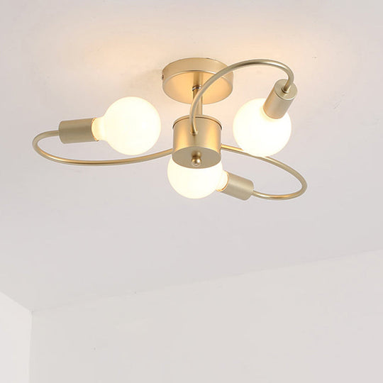 Modern Metal Brass Semi Flush Mount Light for Living Room - Open Bulb Design Ceiling Fixture