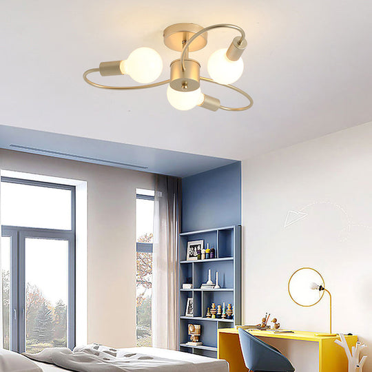 Modern Metal Brass Semi Flush Mount Light for Living Room - Open Bulb Design Ceiling Fixture