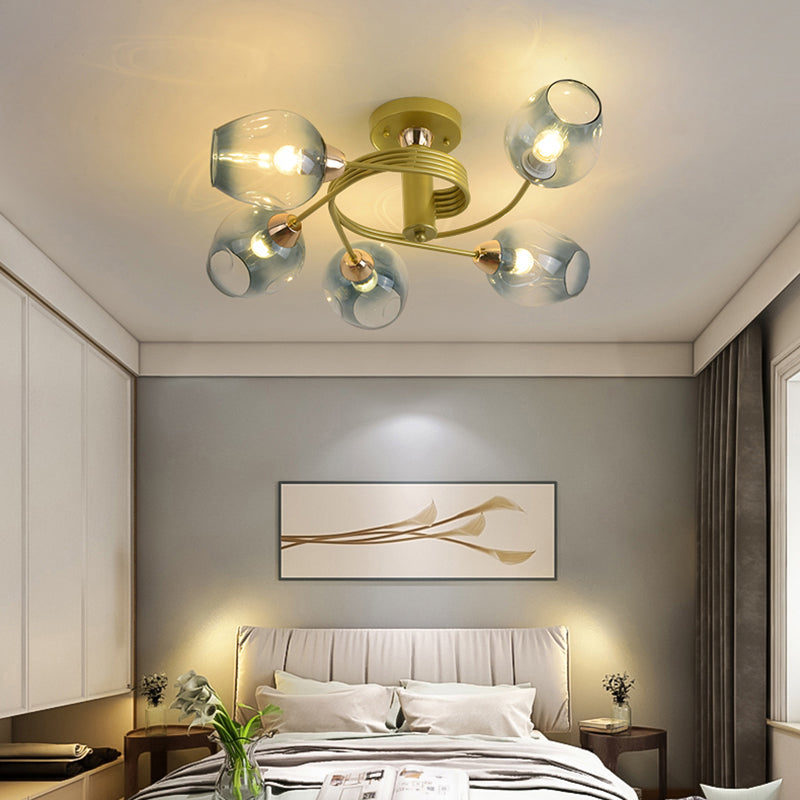 Spiraling Semi Flush Light with Dimpled Glass Shade for Postmodern Ceiling in Bedroom