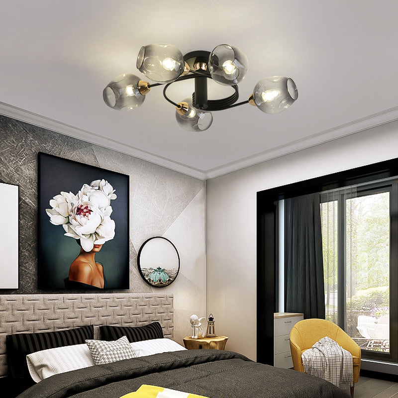 Spiraling Semi Flush Light with Dimpled Glass Shade for Postmodern Ceiling in Bedroom