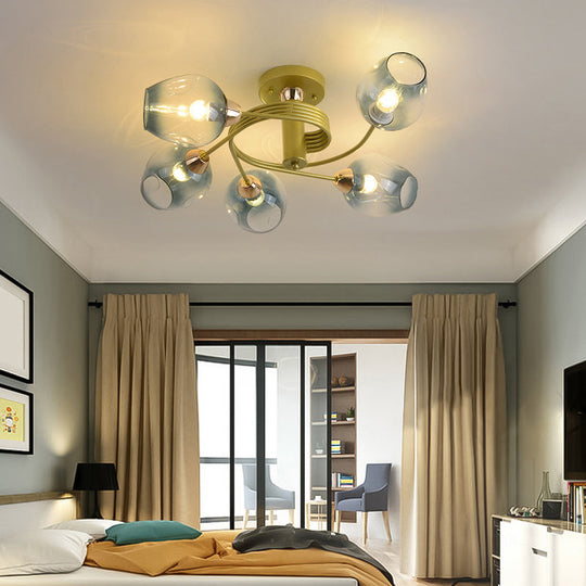 Spiraling Semi Flush Light with Dimpled Glass Shade for Postmodern Ceiling in Bedroom