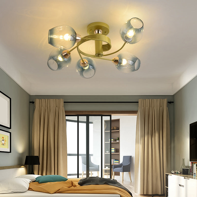 Spiraling Semi Flush Light With Dimpled Glass Shade For Postmodern Ceiling In Bedroom