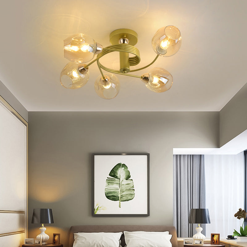 Spiraling Semi Flush Light with Dimpled Glass Shade for Postmodern Ceiling in Bedroom