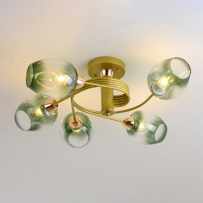 Spiraling Semi Flush Light with Dimpled Glass Shade for Postmodern Ceiling in Bedroom