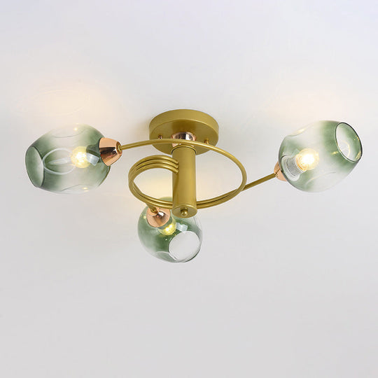 Spiraling Semi Flush Light with Dimpled Glass Shade for Postmodern Ceiling in Bedroom