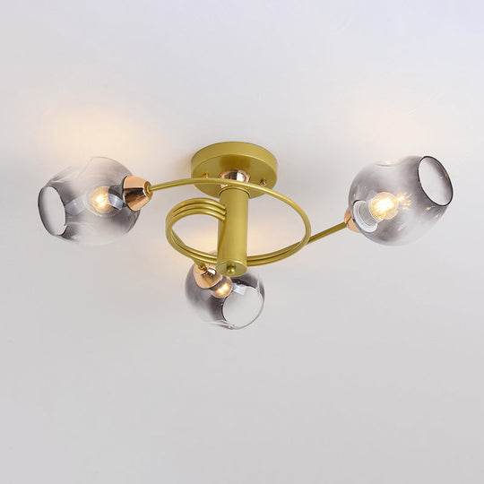 Spiraling Semi Flush Light with Dimpled Glass Shade for Postmodern Ceiling in Bedroom