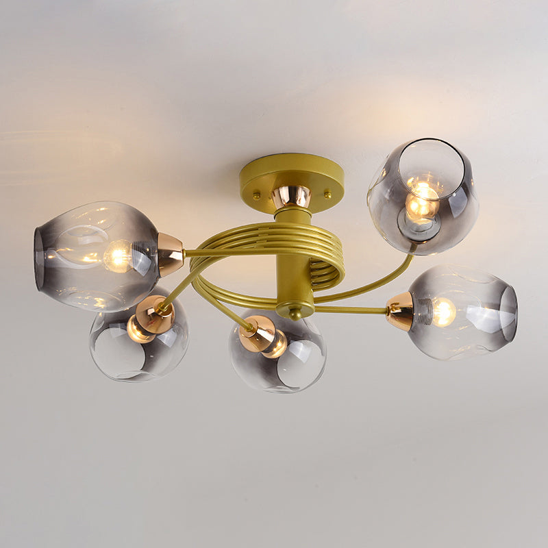 Spiraling Semi Flush Light with Dimpled Glass Shade for Postmodern Ceiling in Bedroom