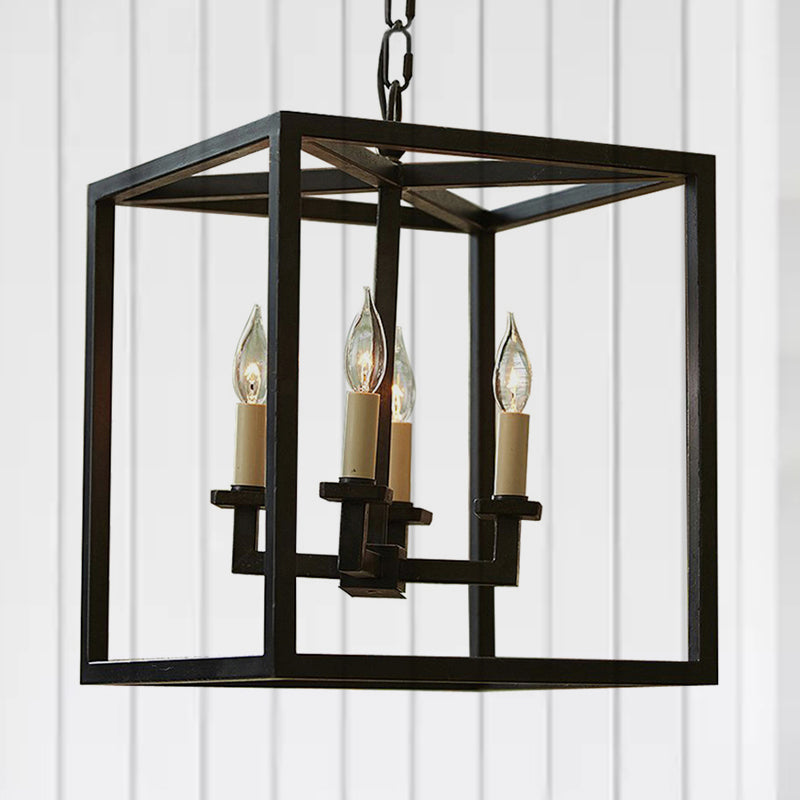 Vintage 4-Light Cubic Chandelier With Cage Shade - Small Black Metal Hanging Lamp For Bathroom