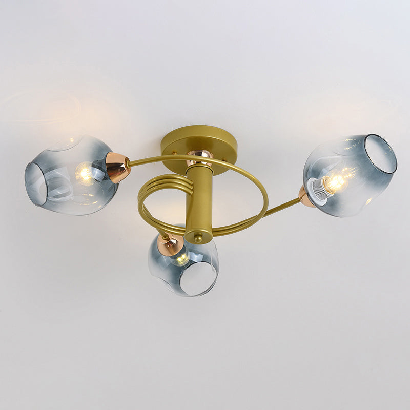 Spiraling Semi Flush Light with Dimpled Glass Shade for Postmodern Ceiling in Bedroom