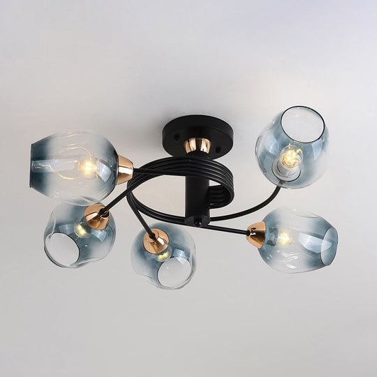 Spiraling Semi Flush Light with Dimpled Glass Shade for Postmodern Ceiling in Bedroom