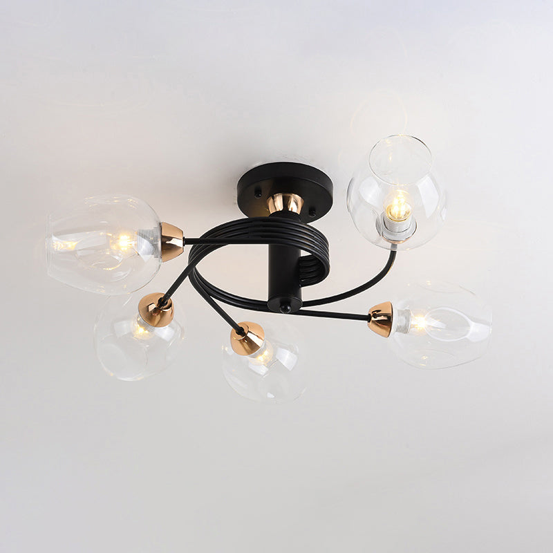 Spiraling Semi Flush Light With Dimpled Glass Shade For Postmodern Ceiling In Bedroom 5 / Black