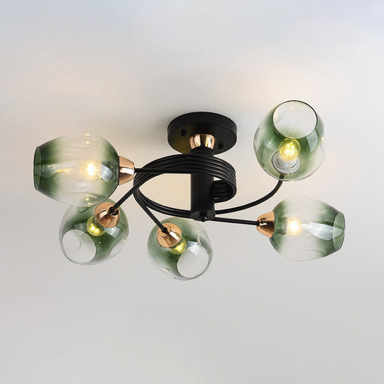 Spiraling Semi Flush Light With Dimpled Glass Shade For Postmodern Ceiling In Bedroom 5 / Black