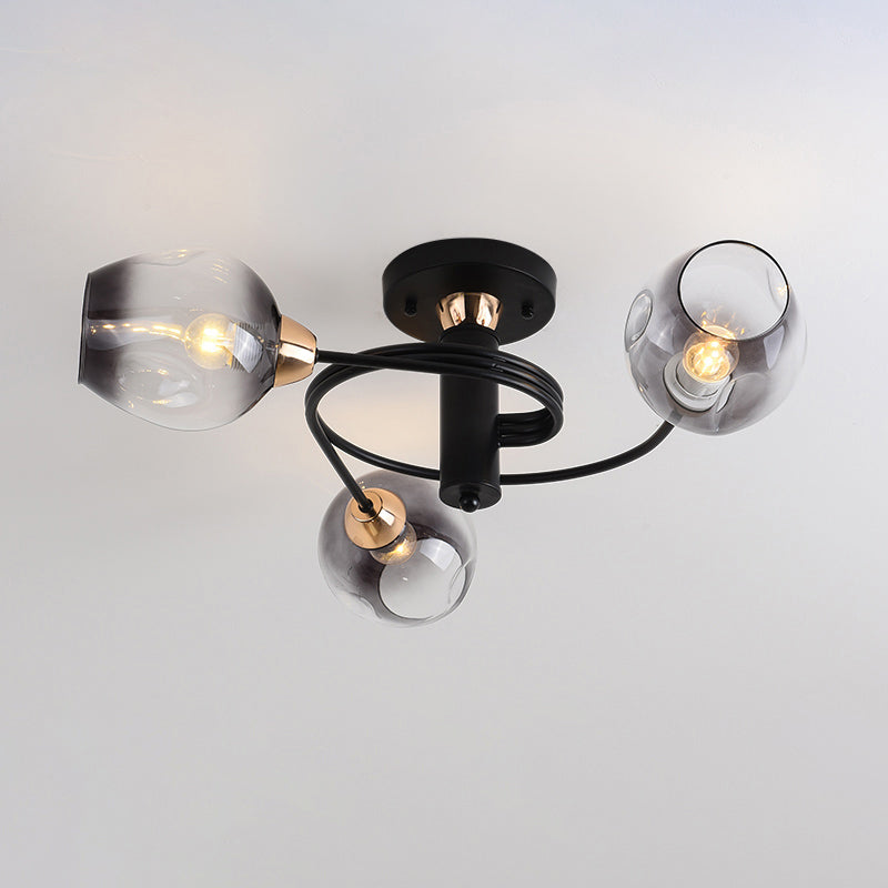 Spiraling Semi Flush Light With Dimpled Glass Shade For Postmodern Ceiling In Bedroom 3 / Black