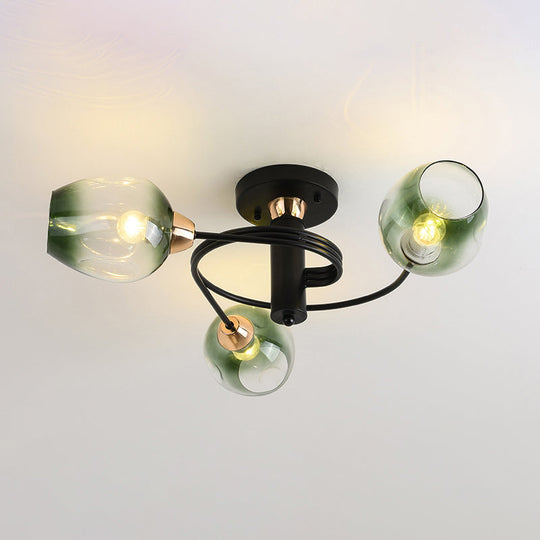 Spiraling Semi Flush Light With Dimpled Glass Shade For Postmodern Ceiling In Bedroom 3 / Black