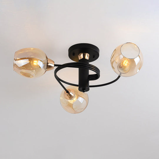 Spiraling Semi Flush Light with Dimpled Glass Shade for Postmodern Ceiling in Bedroom