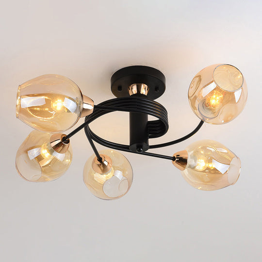 Spiraling Semi Flush Light With Dimpled Glass Shade For Postmodern Ceiling In Bedroom 5 / Black