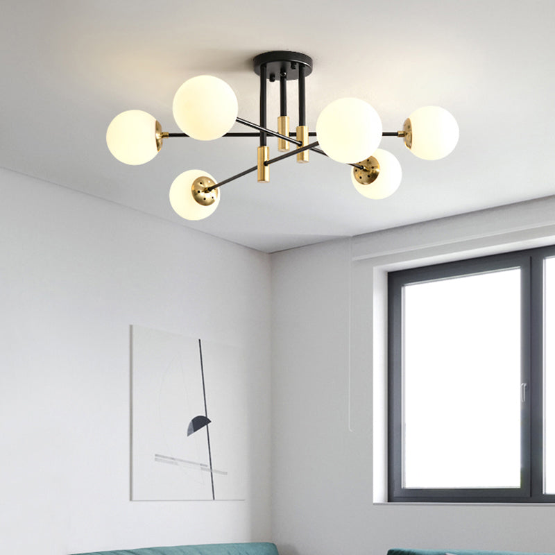 Sleek Ivory Glass Ball Flush Ceiling Light In Simple Black-Brass - Semi Mount For Dining Room