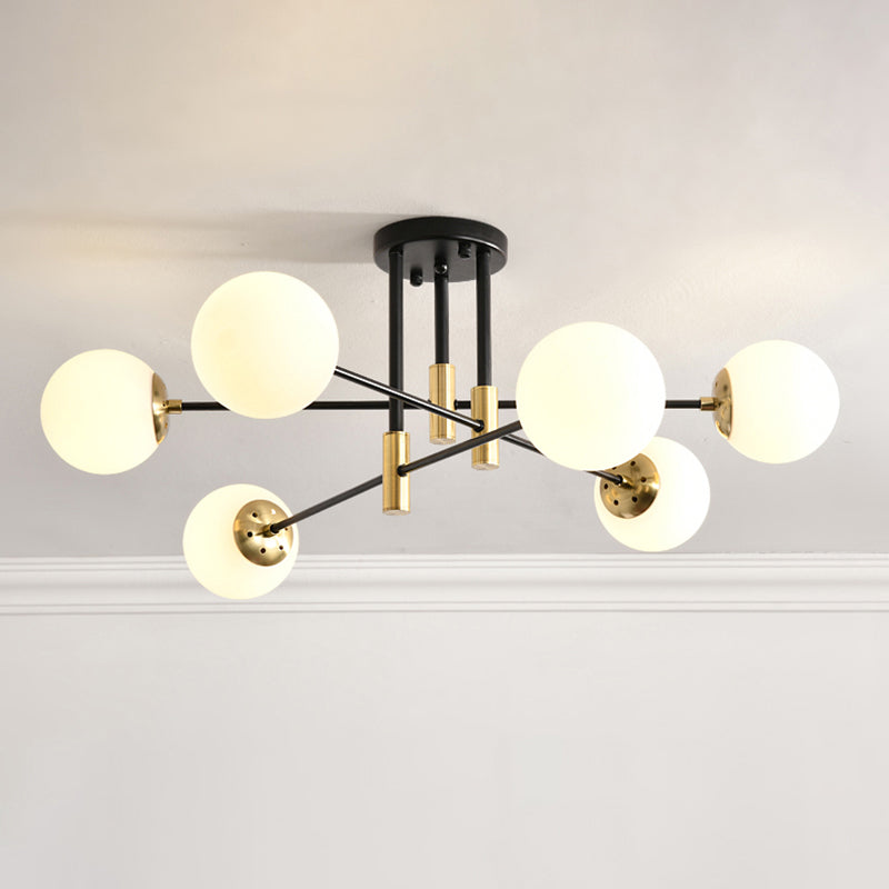 Sleek Ivory Glass Ball Flush Ceiling Light In Simple Black-Brass - Semi Mount For Dining Room 6 /