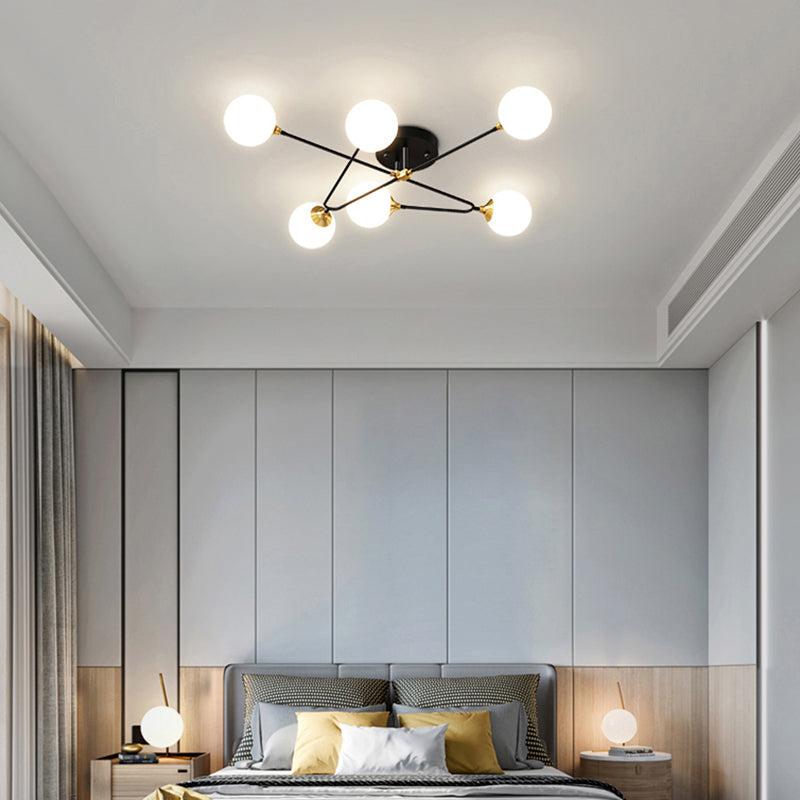 Modern Nordic Black-Brass Semi Flush Mount Chandelier For Bedroom Lighting With Milky Glass Ball