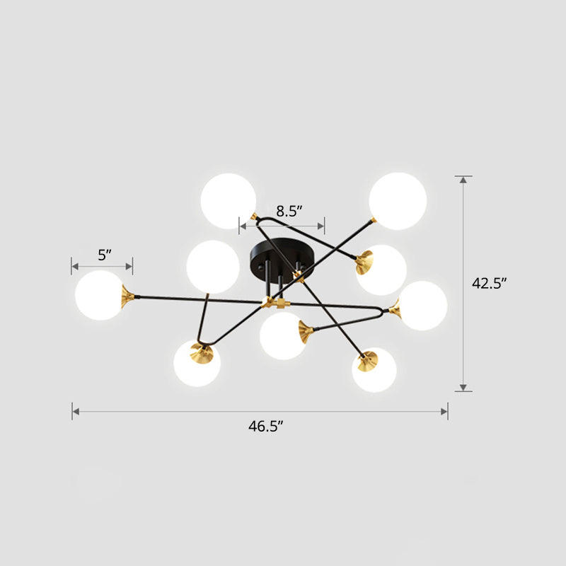 Modern Nordic Black-Brass Semi Flush Mount Chandelier For Bedroom Lighting With Milky Glass Ball