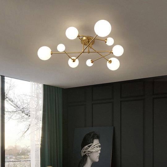 Postmodern Brass Semi Flush Mount Fixture - Orb Shaped Milk Glass Ceiling Light