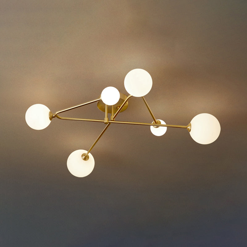 Milk Glass Orb Ceiling Light: Postmodern Brass Flush Mount