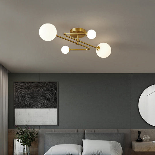 Milk Glass Orb Ceiling Light: Postmodern Brass Flush Mount