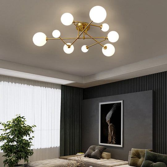 Milk Glass Orb Ceiling Light: Postmodern Brass Flush Mount