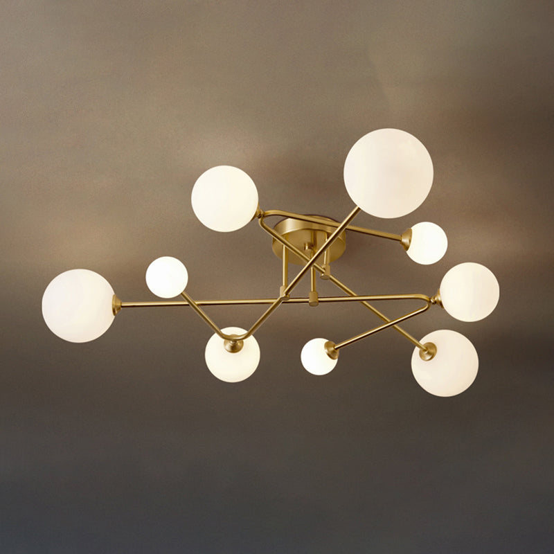 Milk Glass Orb Ceiling Light: Postmodern Brass Flush Mount 9 /