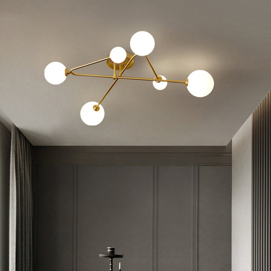 Milk Glass Orb Ceiling Light: Postmodern Brass Flush Mount