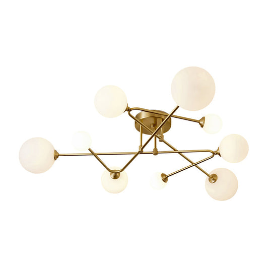 Postmodern Brass Semi Flush Mount Fixture - Orb Shaped Milk Glass Flush Ceiling Light