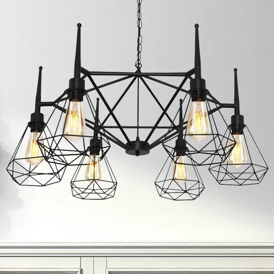 Black Industrial Cage Diamond Chandelier With Adjustable Chain - Retro Pendant Light