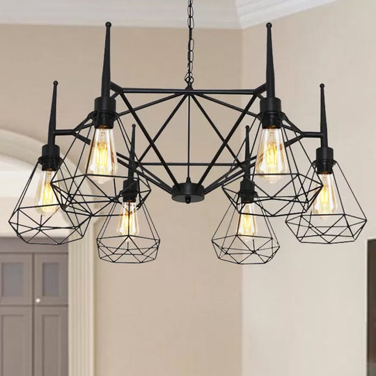 Industrial Cage Diamond Iron Chandelier Pendant Light with Adjustable Chain - Retro Multi-Light Ceiling Lamp (Black)