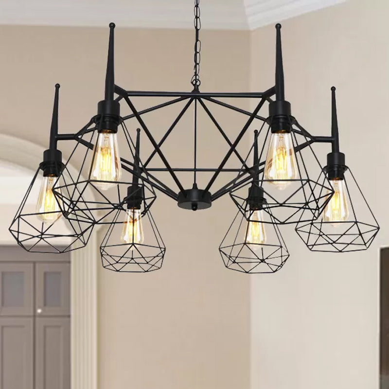 Black Industrial Cage Diamond Chandelier With Adjustable Chain - Retro Pendant Light