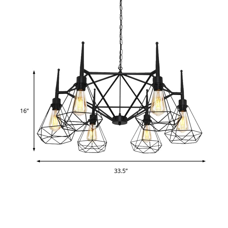 Black Industrial Cage Diamond Chandelier With Adjustable Chain - Retro Pendant Light