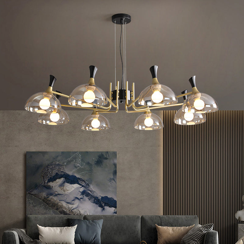 Contemporary Hanging Chandelier with Bowl Shaped Glass and Grip in Black-Brass for Restaurants