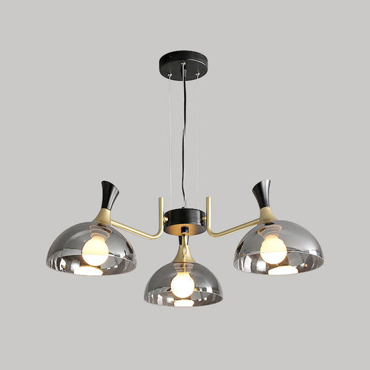 Contemporary Hanging Chandelier with Bowl Shaped Glass and Grip in Black-Brass for Restaurants