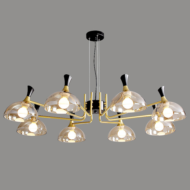 Contemporary Hanging Chandelier with Bowl Shaped Glass and Grip in Black-Brass for Restaurants