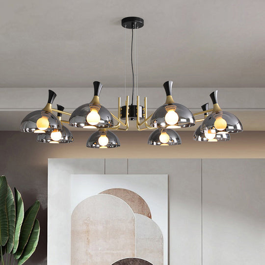 Contemporary Hanging Chandelier with Bowl Shaped Glass and Grip in Black-Brass for Restaurants