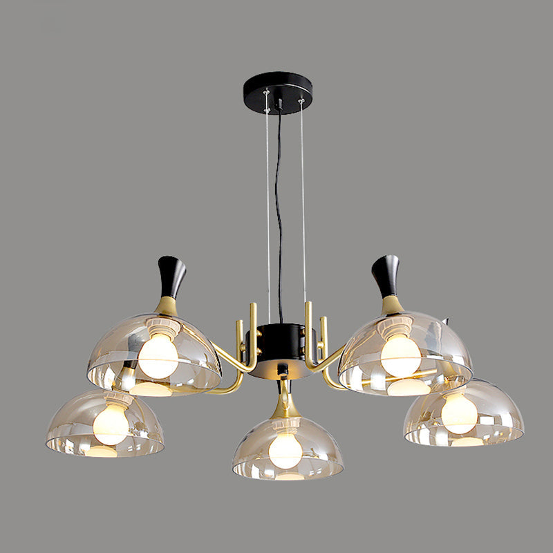 Contemporary Hanging Chandelier with Bowl Shaped Glass and Grip in Black-Brass for Restaurants