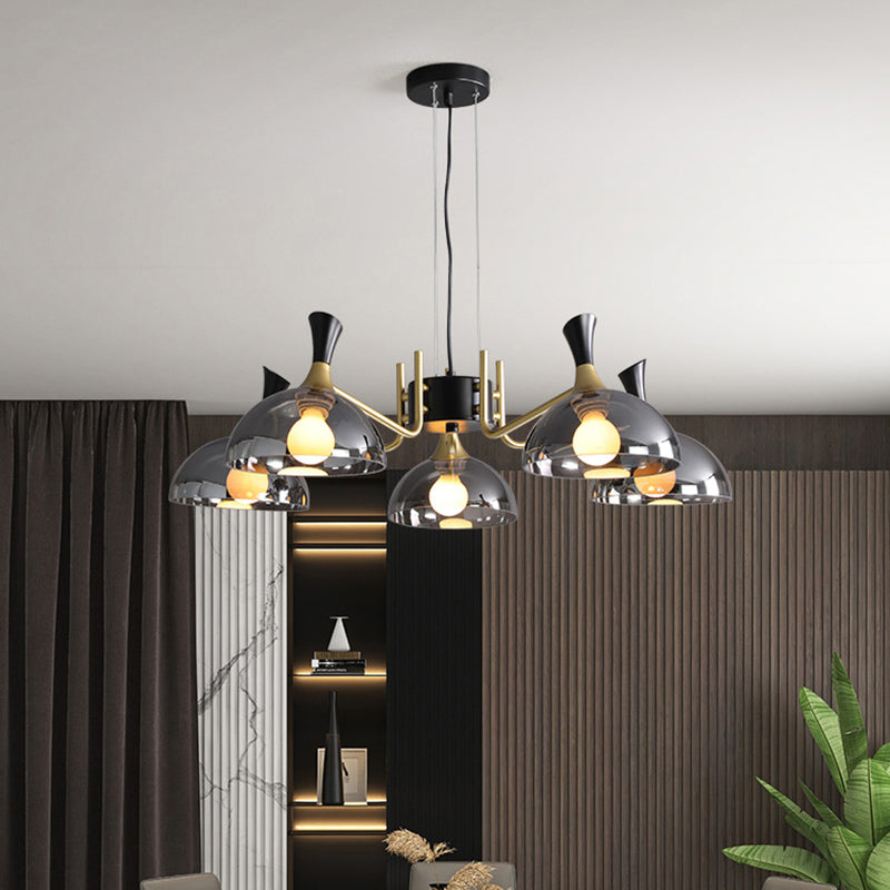 Contemporary Hanging Chandelier with Bowl Shaped Glass and Grip in Black-Brass for Restaurants