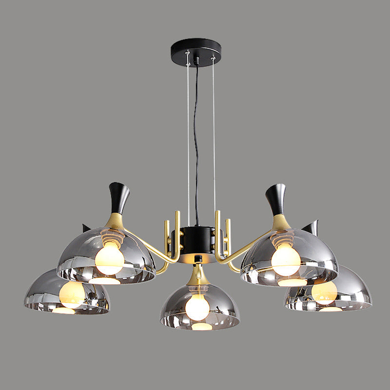 Contemporary Hanging Chandelier with Bowl Shaped Glass and Grip in Black-Brass for Restaurants