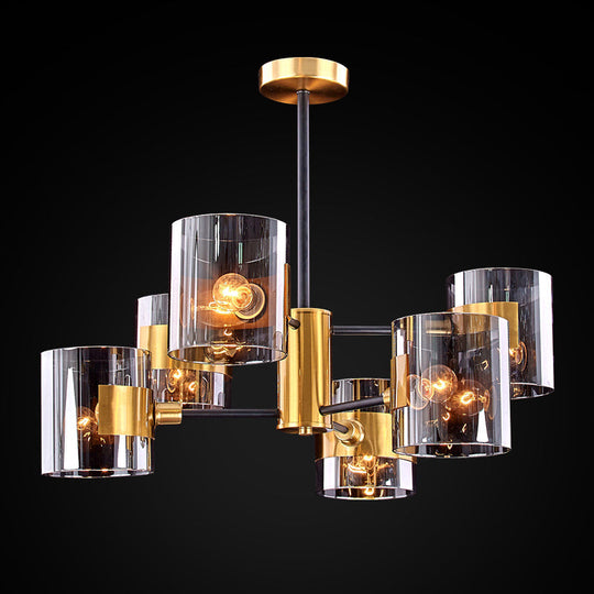 Postmodern Cylinder Chandelier in Smoke Grey Glass and Brass for Living Room