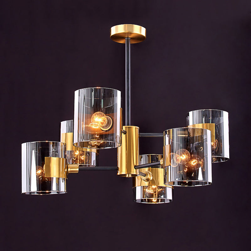 Postmodern Cylinder Chandelier in Smoke Grey Glass and Brass for Living Room