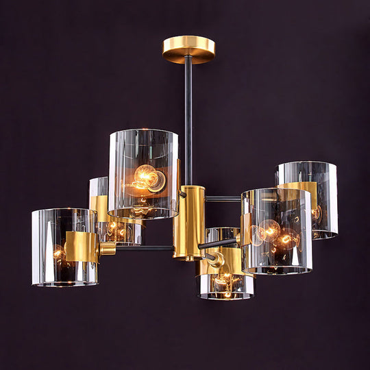 Smoke Grey Glass Cylinder Chandelier: Postmodern Brass Pendant Light For Living Room 6 / Gray