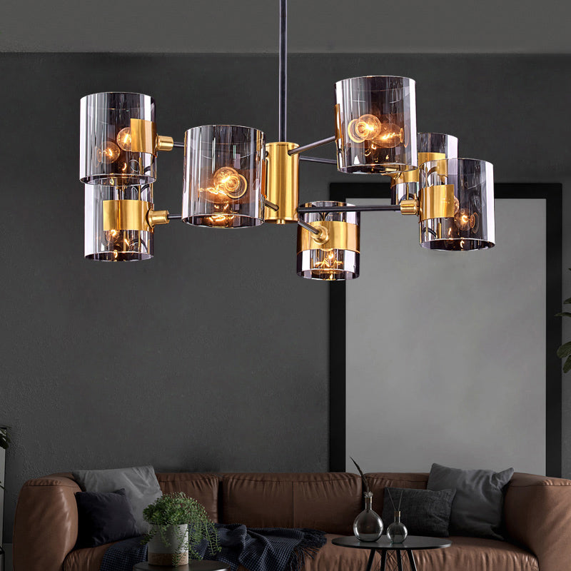 Smoke Grey Glass Cylinder Chandelier: Postmodern Brass Pendant Light For Living Room