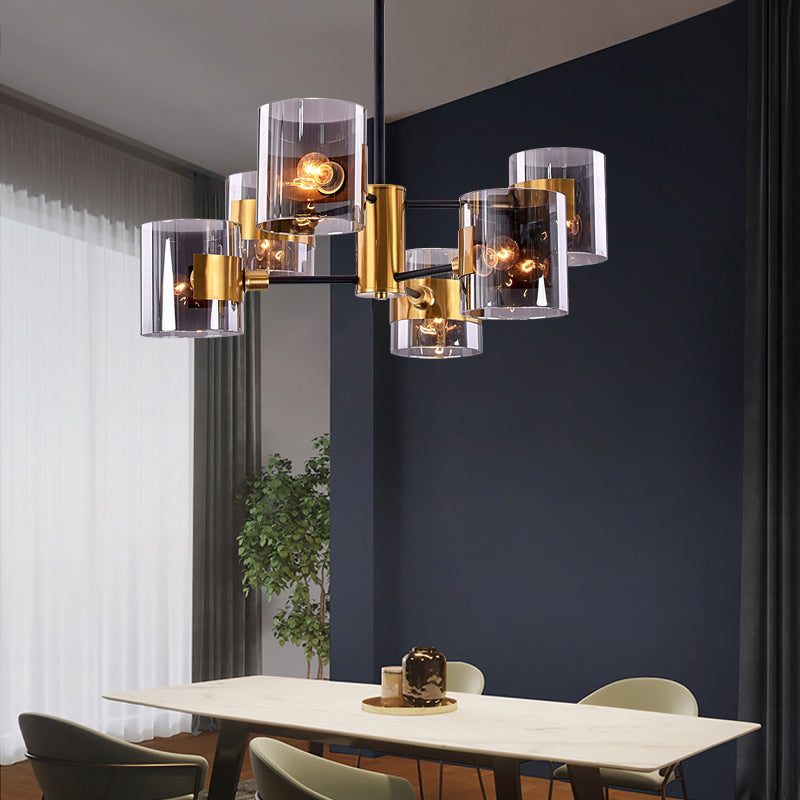 Smoke Grey Glass Cylinder Chandelier: Postmodern Brass Pendant Light For Living Room